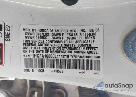 2008 Honda Civic Ex z USA, uszkodzony, nr VIN 1HGFA16888L114219